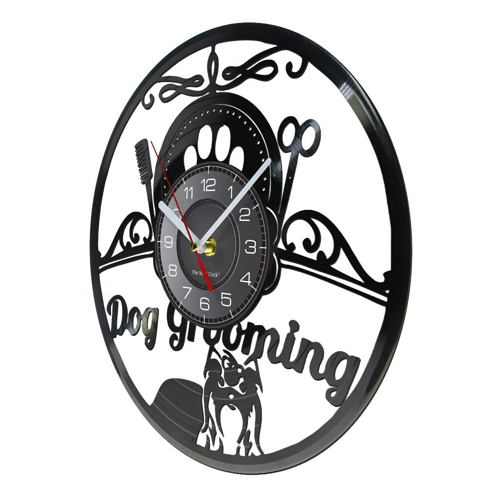 Laser-cut Repurposed Vinyl Record Clock (Dog Grooming Style 1)