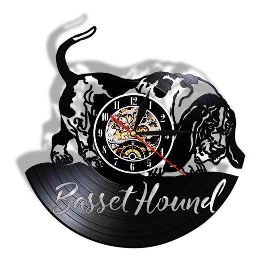 Laser-cut Repurposed Vinyl Record Clock (Basset Hound 1)