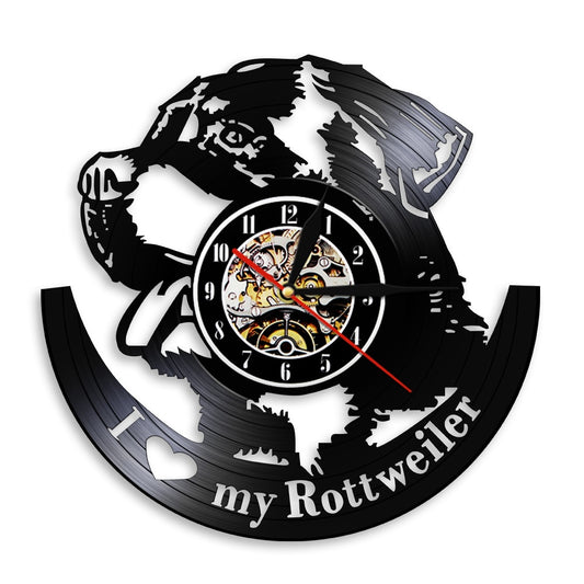 Laser-cut Repurposed Vinyl Record Clock (Rottweiler 3)