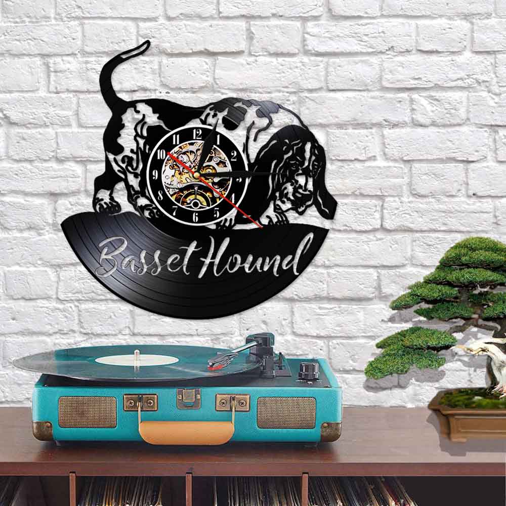 Laser-cut Repurposed Vinyl Record Clock (Basset Hound 1)