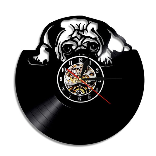 Laser-cut Repurposed Vinyl Record Clock (Pug)