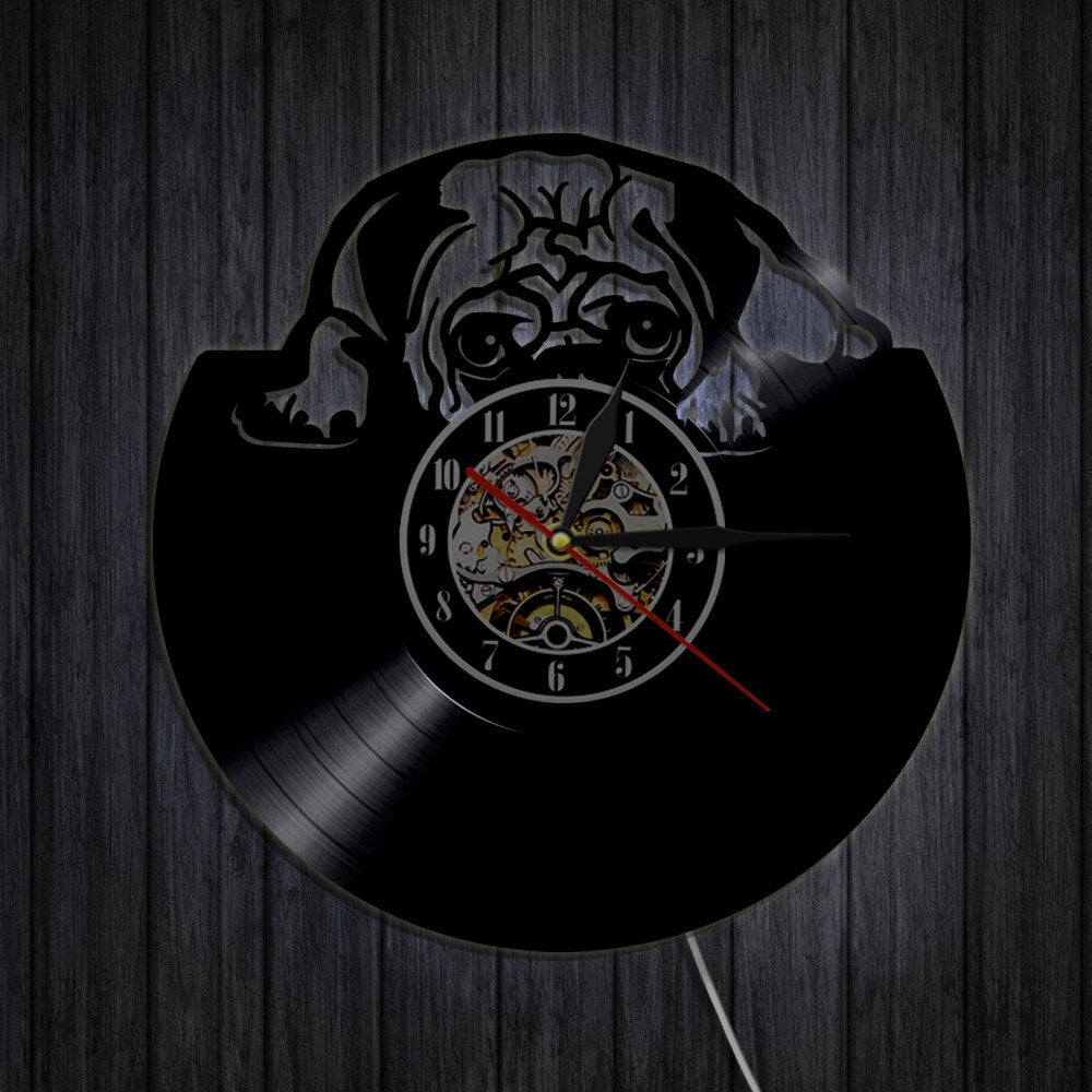 Laser-cut Repurposed Vinyl Record Clock (Pug)