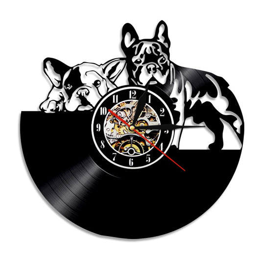 Laser-cut Repurposed Vinyl Record Clock (French Bulldog)