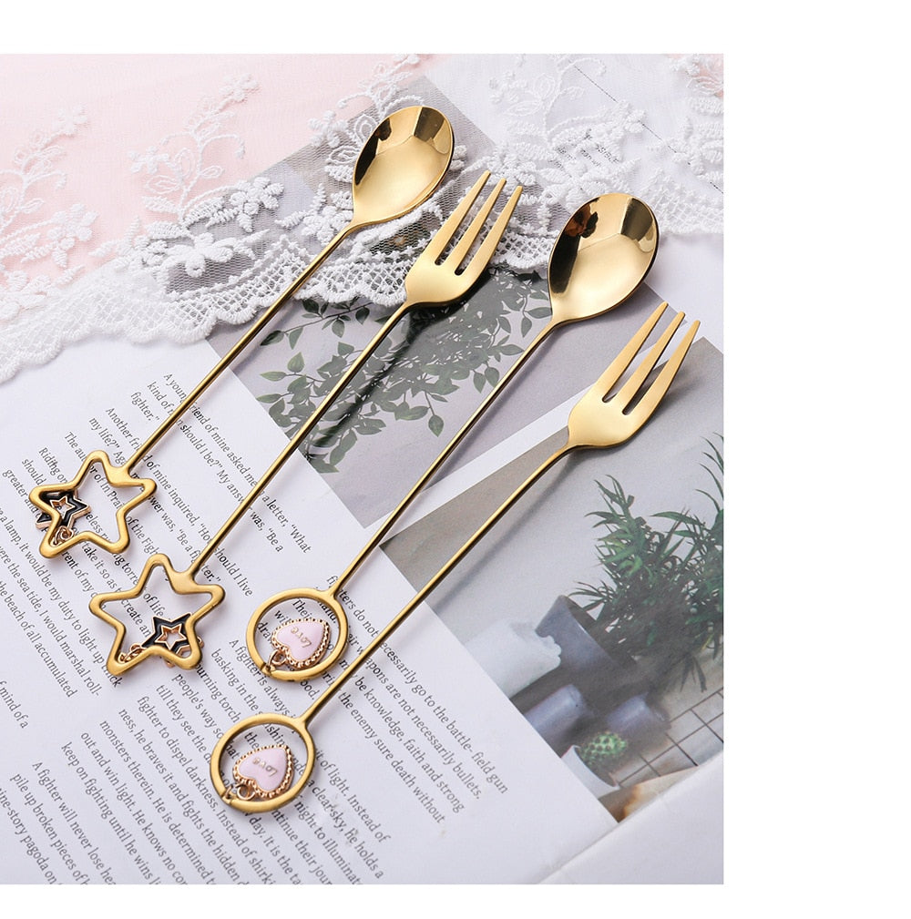 Star/ Heart Pendant Spoon & Fork 2-piece Gift Set