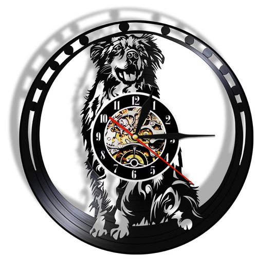 Laser-cut Repurposed Vinyl Record Clock (Australian Shepherd)