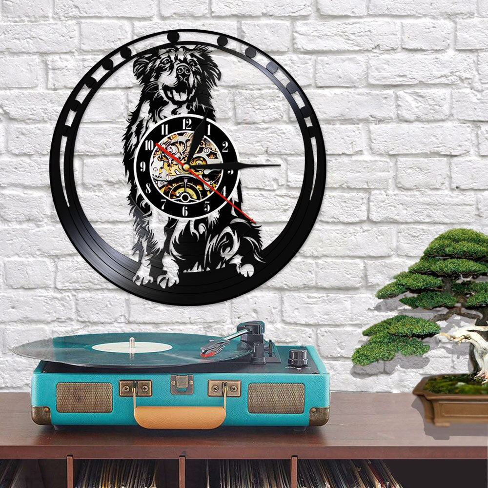 Laser-cut Repurposed Vinyl Record Clock (Australian Shepherd)