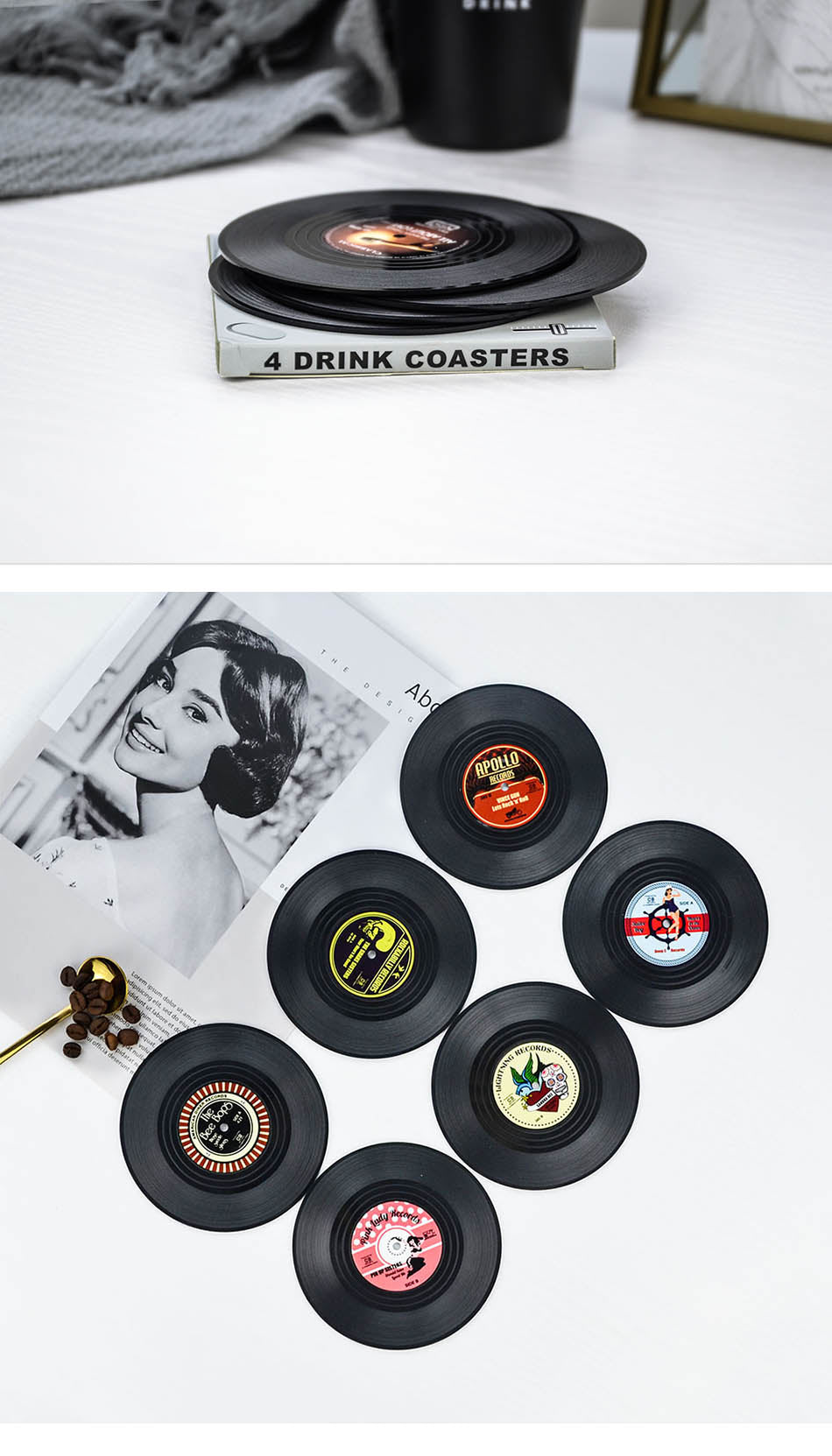 Vinyl Record Style Coaster Set 4pcs/6pcs