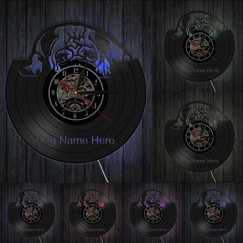 Laser-cut Repurposed Vinyl Record Clock (Pug)