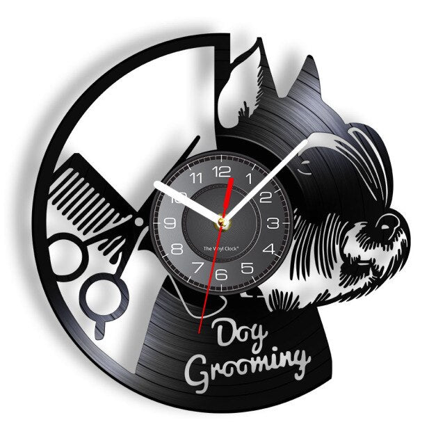 Laser-cut Repurposed Vinyl Record Clock (Dog Grooming Style 2)