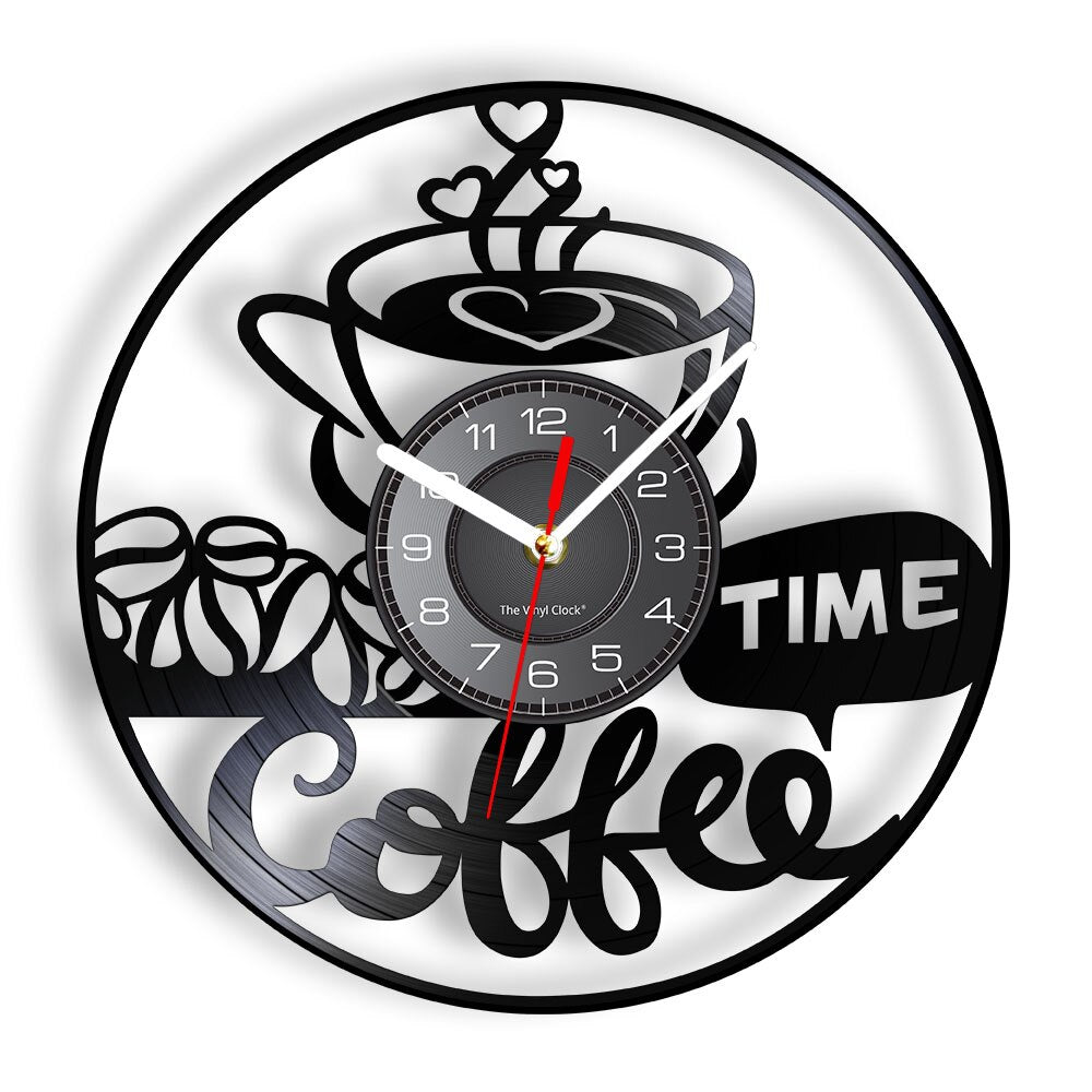 Laser-cut Repurposed Vinyl Record Clock (Coffee Time)