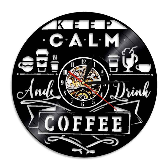 Laser-cut Repurposed Vinyl Record Clock (Keep calm and drink coffee)