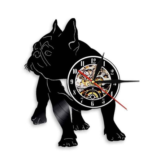 Laser-cut Repurposed Vinyl Record Clock (French Bulldog 2)