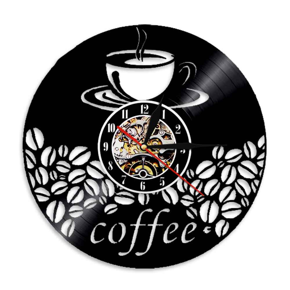 Laser-cut Repurposed Vinyl Record Clock (Coffee & Coffee beans)