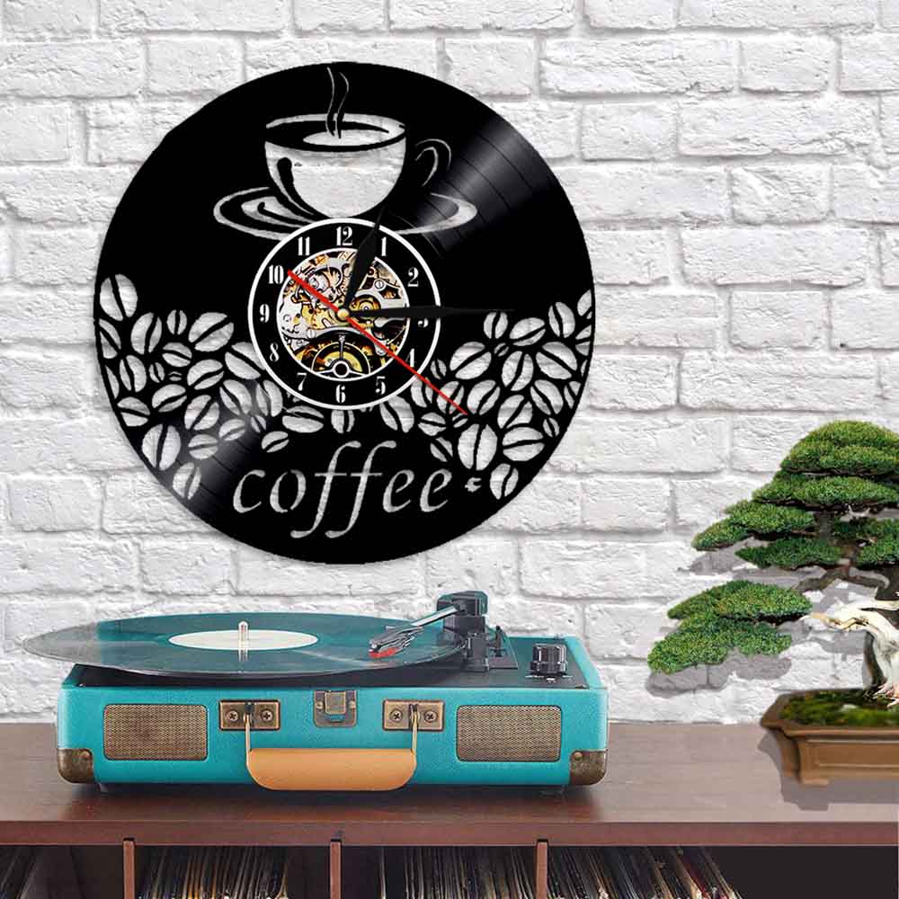 Laser-cut Repurposed Vinyl Record Clock (Coffee & Coffee beans)