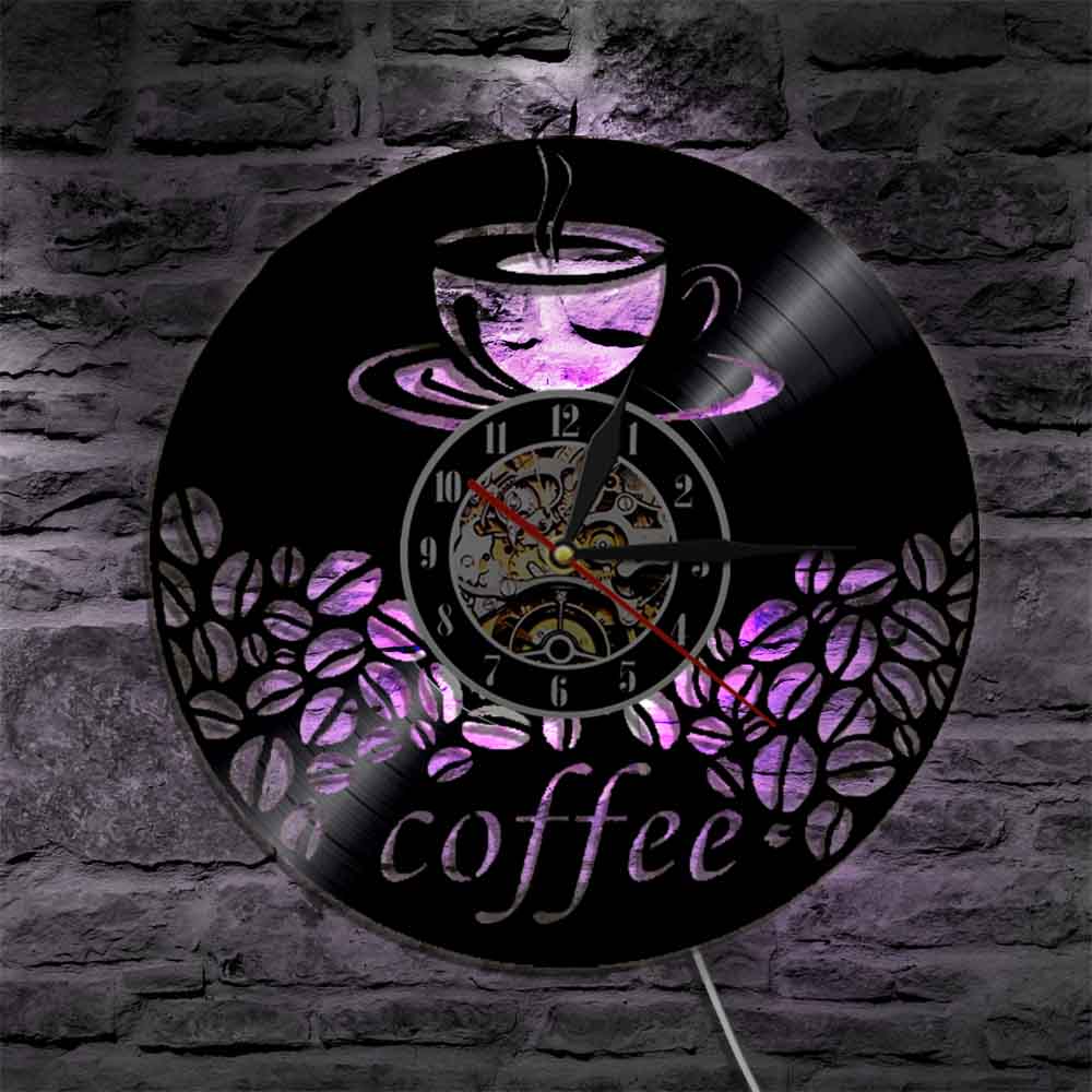 Laser-cut Repurposed Vinyl Record Clock (Coffee & Coffee beans)