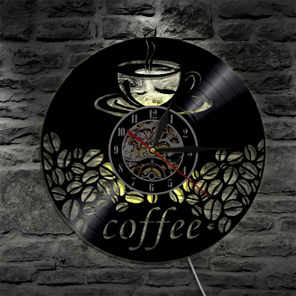 Laser-cut Repurposed Vinyl Record Clock (Coffee & Coffee beans)