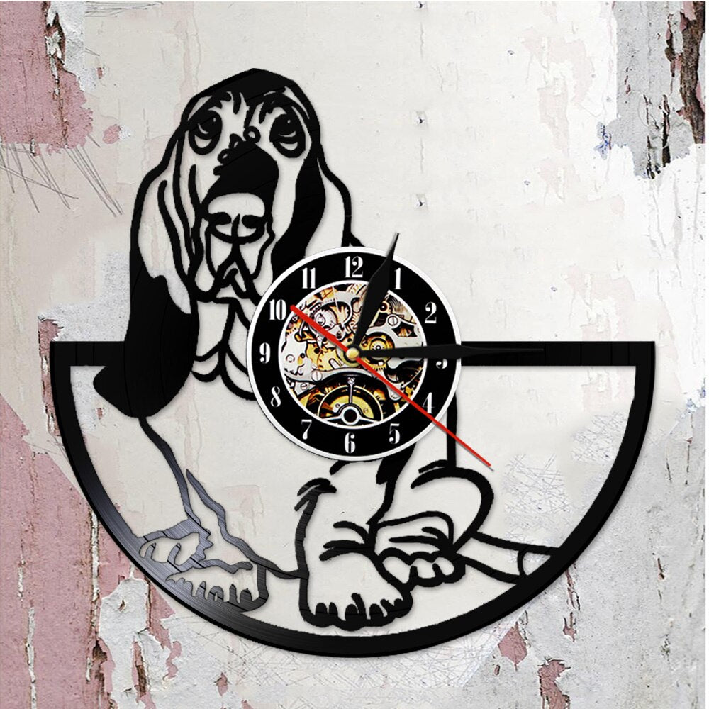 Laser-cut Repurposed Vinyl Record Clock (Basset Hound 3)