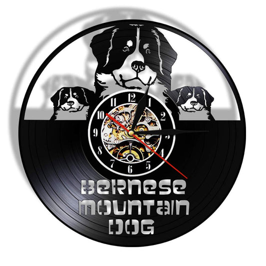 Laser-cut Repurposed Vinyl Record Clock (Berner Sennenhund)