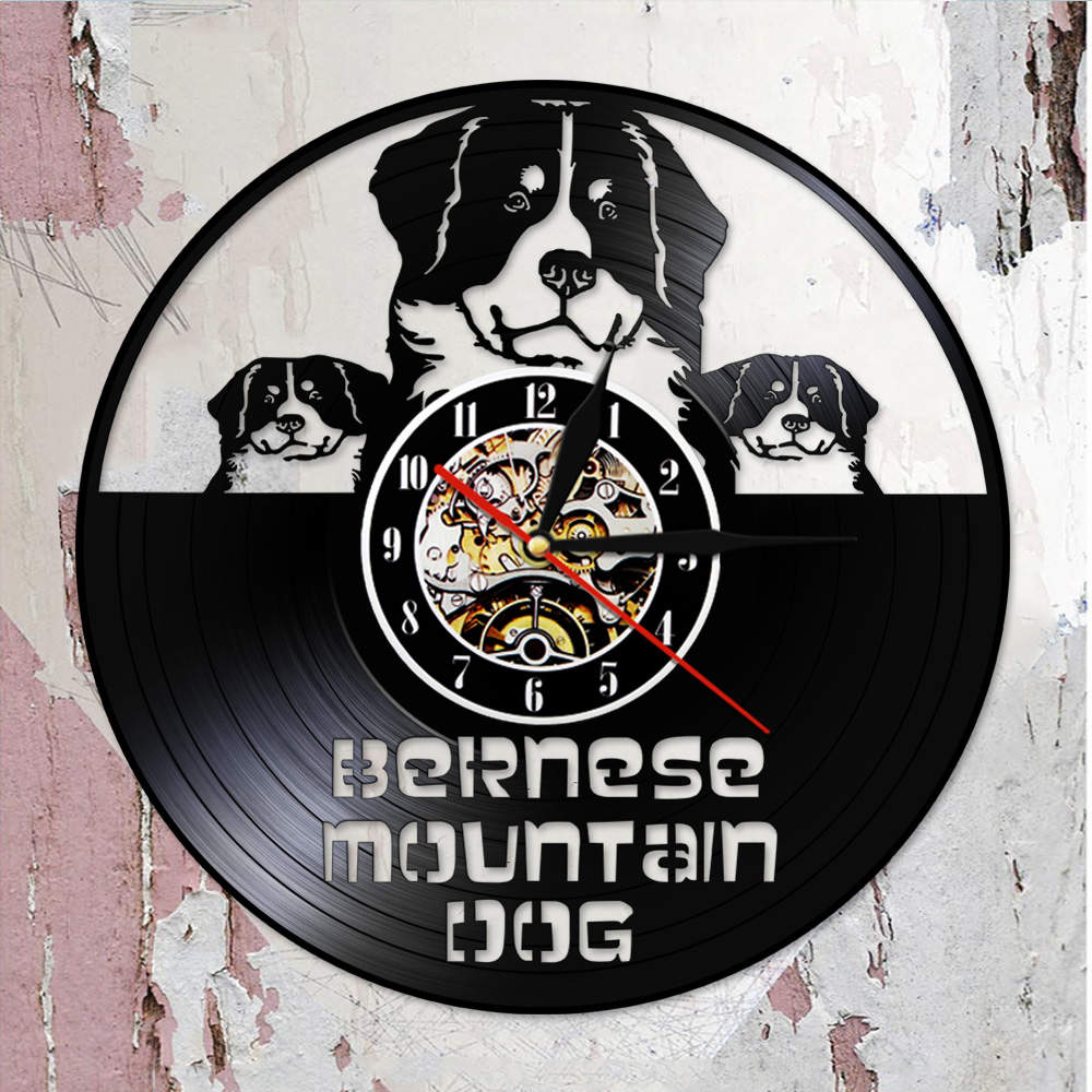 Laser-cut Repurposed Vinyl Record Clock (Berner Sennenhund)