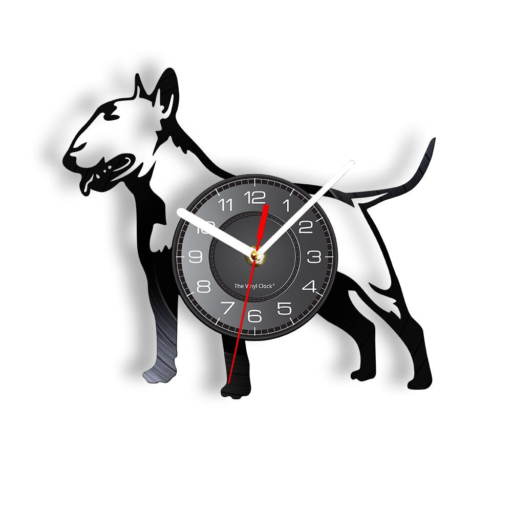 Laser-cut Repurposed Vinyl Record Clock (Bull Terrier 1)