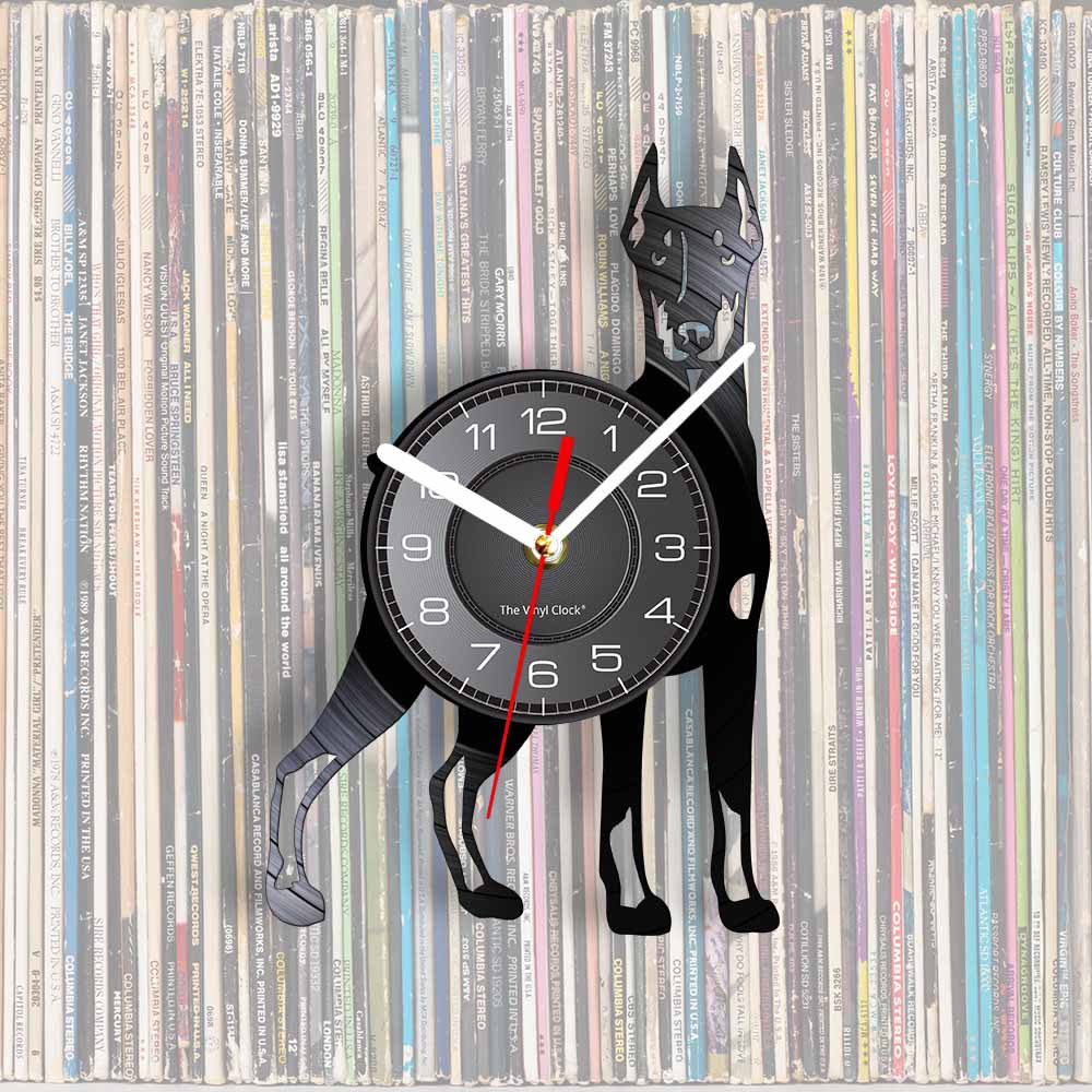 Laser-cut Repurposed Vinyl Record Clock (Doberman Pinscher 2)