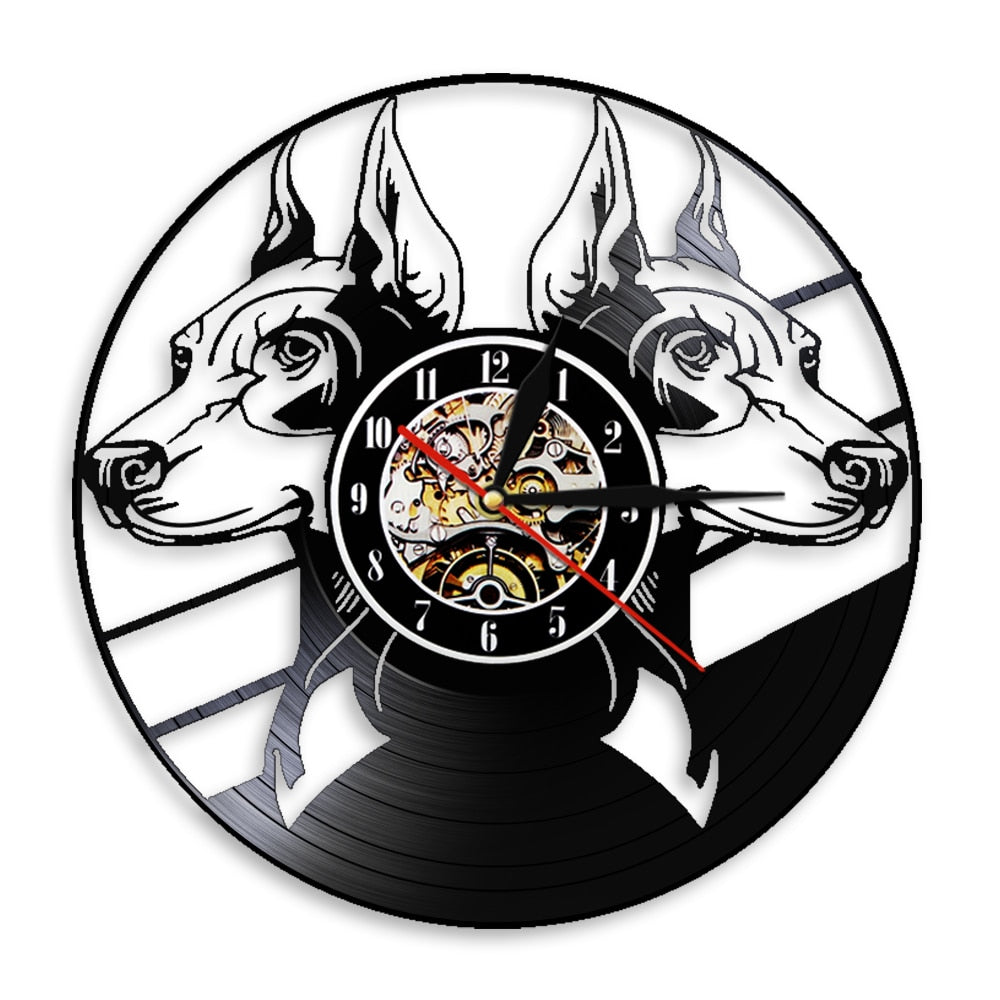 Laser-cut Repurposed Vinyl Record Clock (Doberman Pinscher 1)