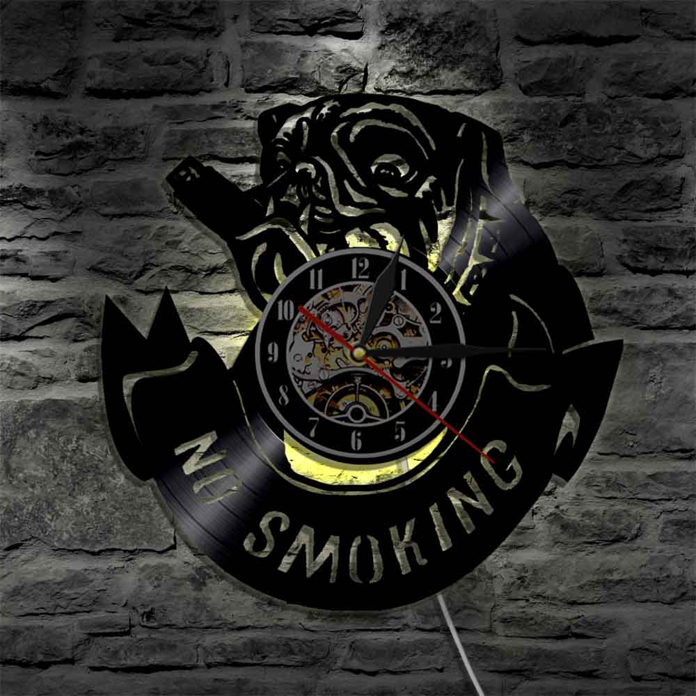 Laser-cut Repurposed Vinyl Record Clock (English Bulldog 1 - No smoking)