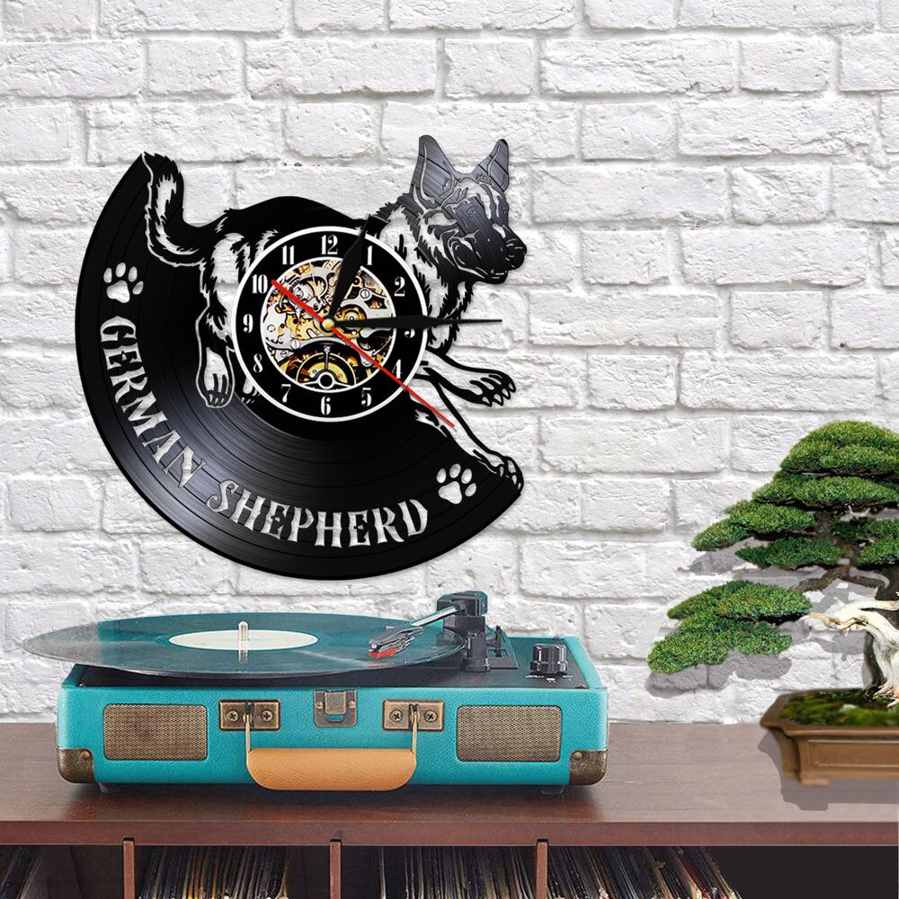 Laser-cut Repurposed Vinyl Record Clock (German Shepherd 1)