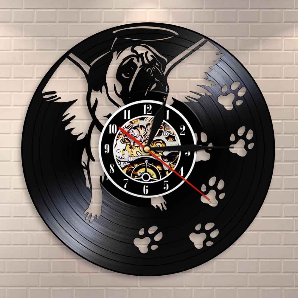 Laser-cut Repurposed Vinyl Record Clock (Pug Angel)