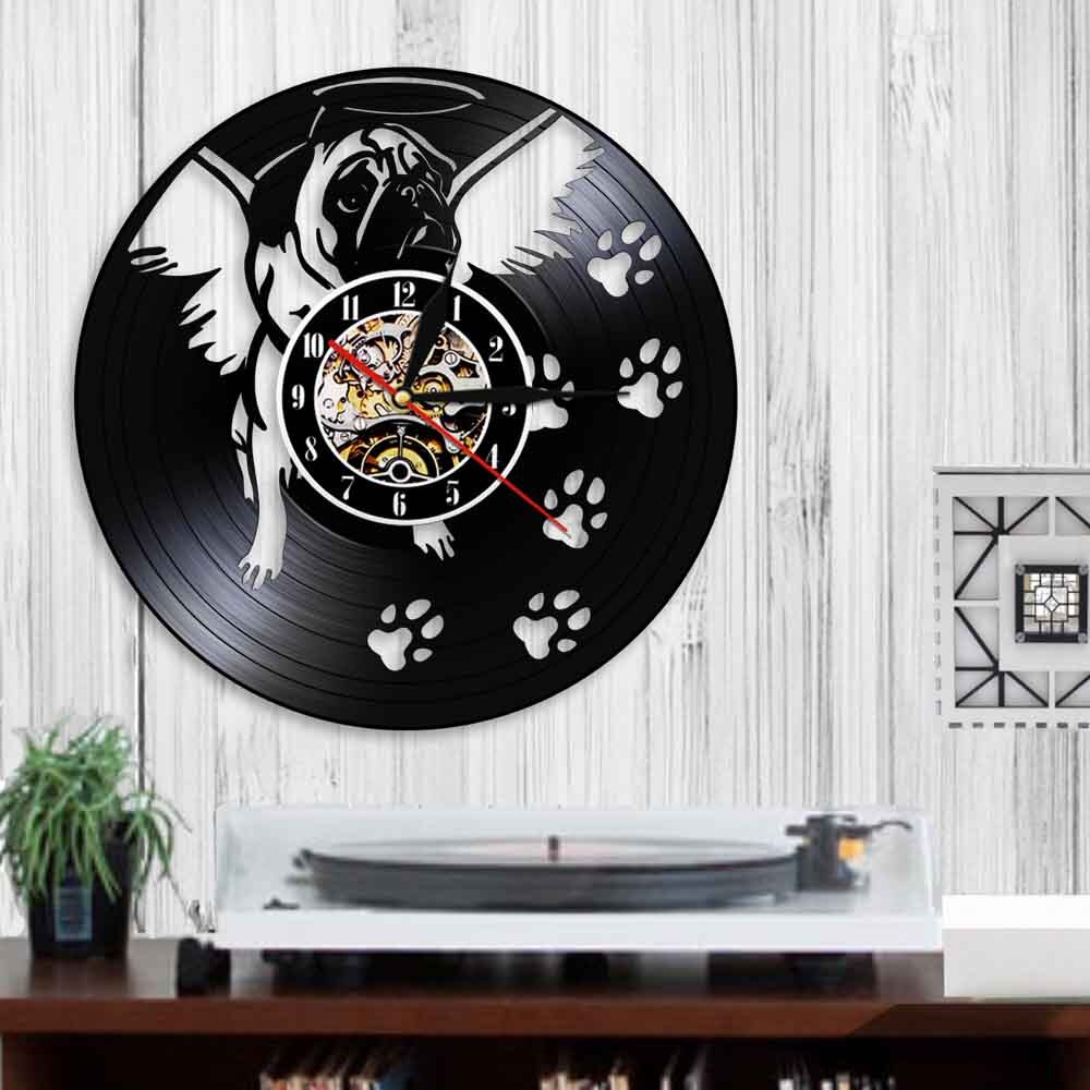Laser-cut Repurposed Vinyl Record Clock (Pug Angel)