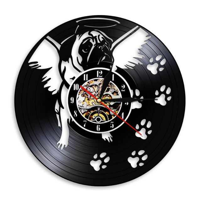 Laser-cut Repurposed Vinyl Record Clock (Pug Angel)