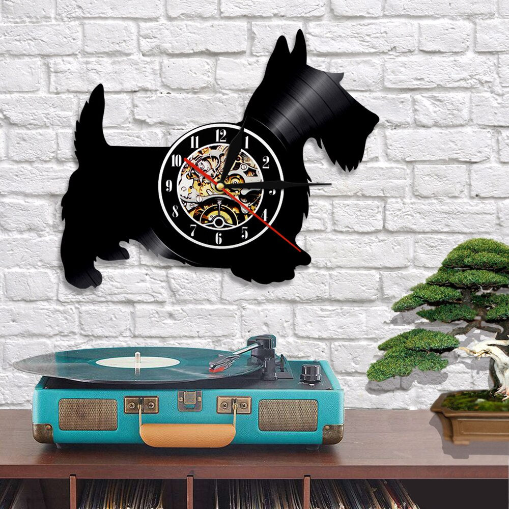 Laser-cut Repurposed Vinyl Record Clock (Scottish Terrier)