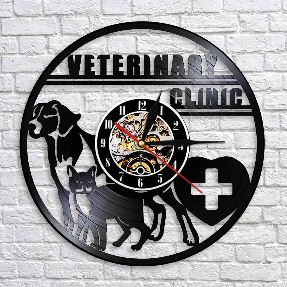 Laser-cut Repurposed Vinyl Record Clock (Veterinary Clinic 3)