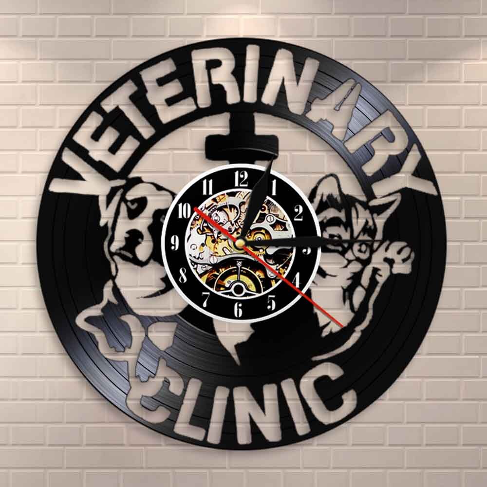 Laser-cut Repurposed Vinyl Record Clock (Veterinary Clinic 2)