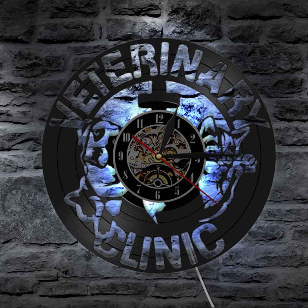 Laser-cut Repurposed Vinyl Record Clock (Veterinary Clinic 2)