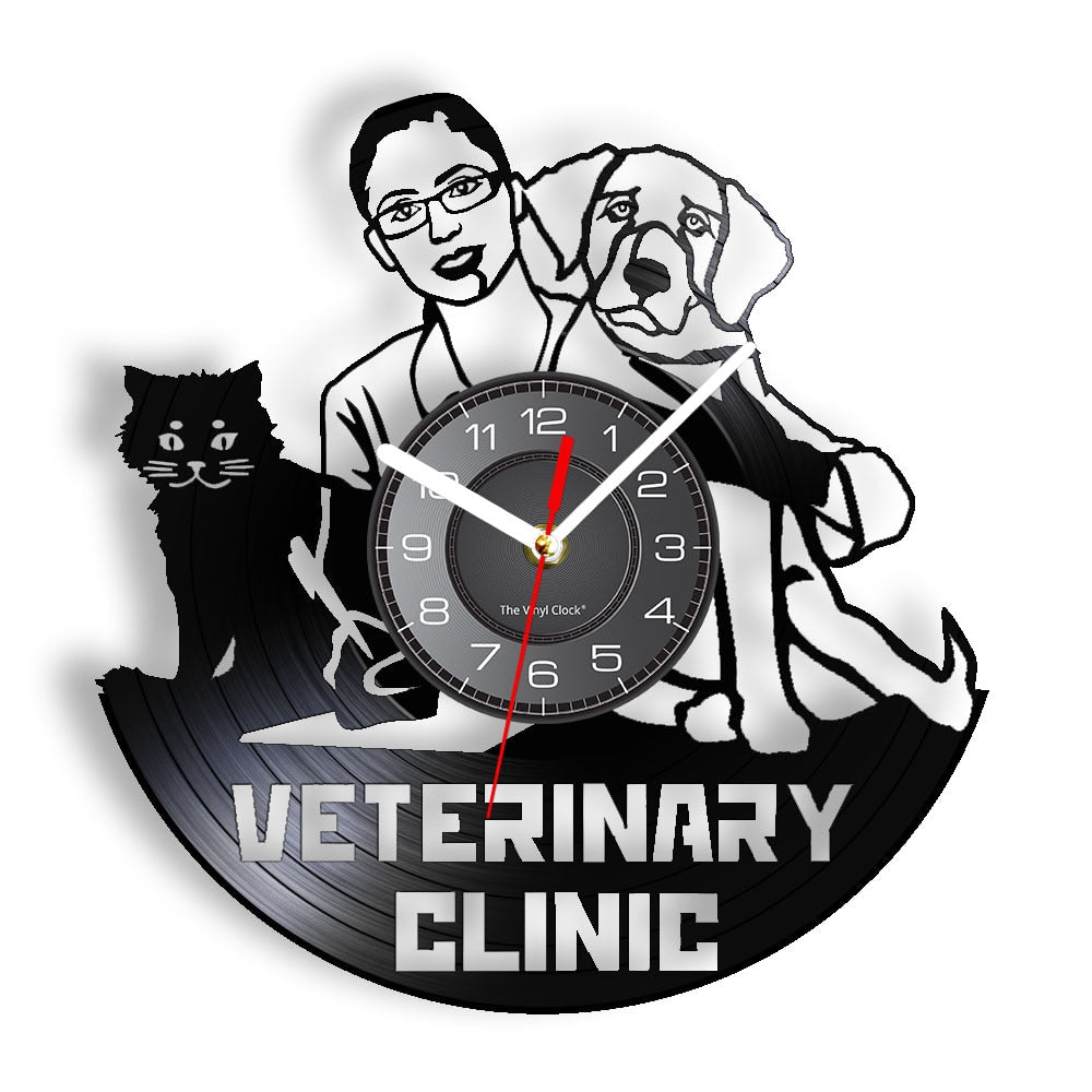 Laser-cut Repurposed Vinyl Record Clock (Veterinary Clinic 1)