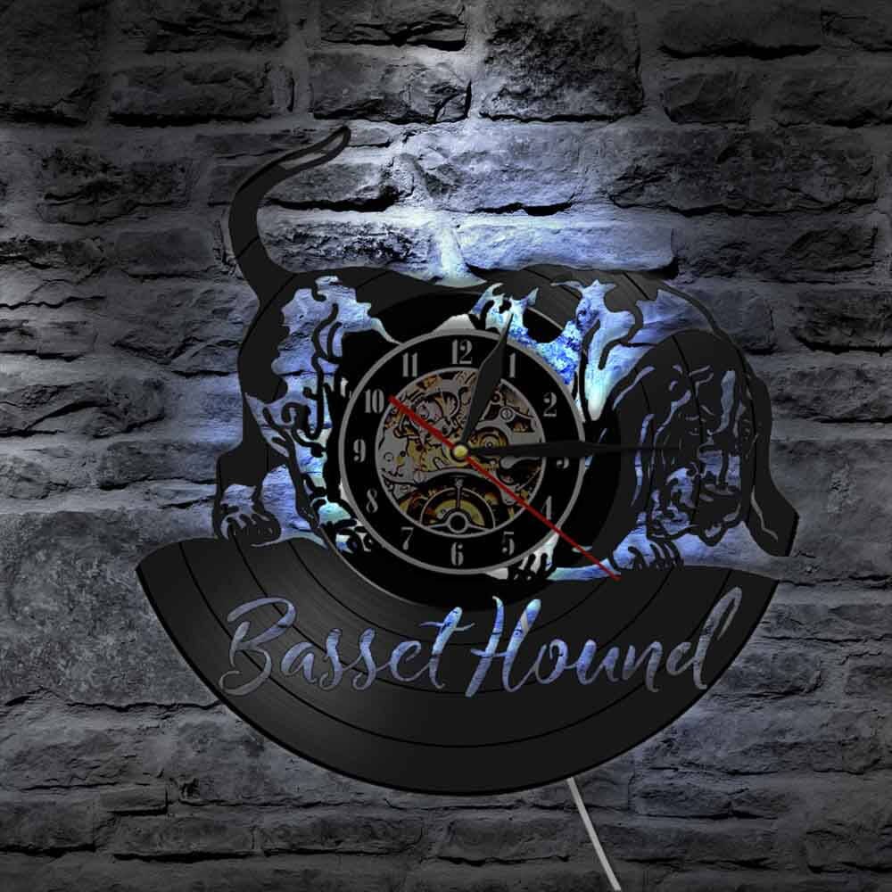 Laser-cut Repurposed Vinyl Record Clock (Basset Hound 1)